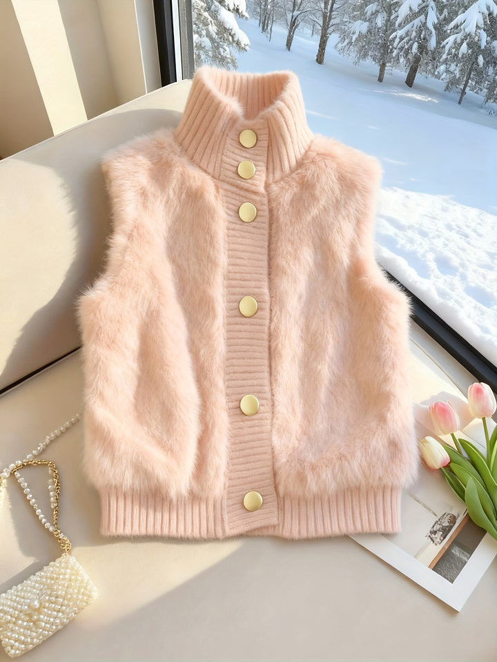 Staande kraag nepbont vest cardigan, little dress stijl open voorkant, modieuze elegante gelaagde shrug, herfst winter top
