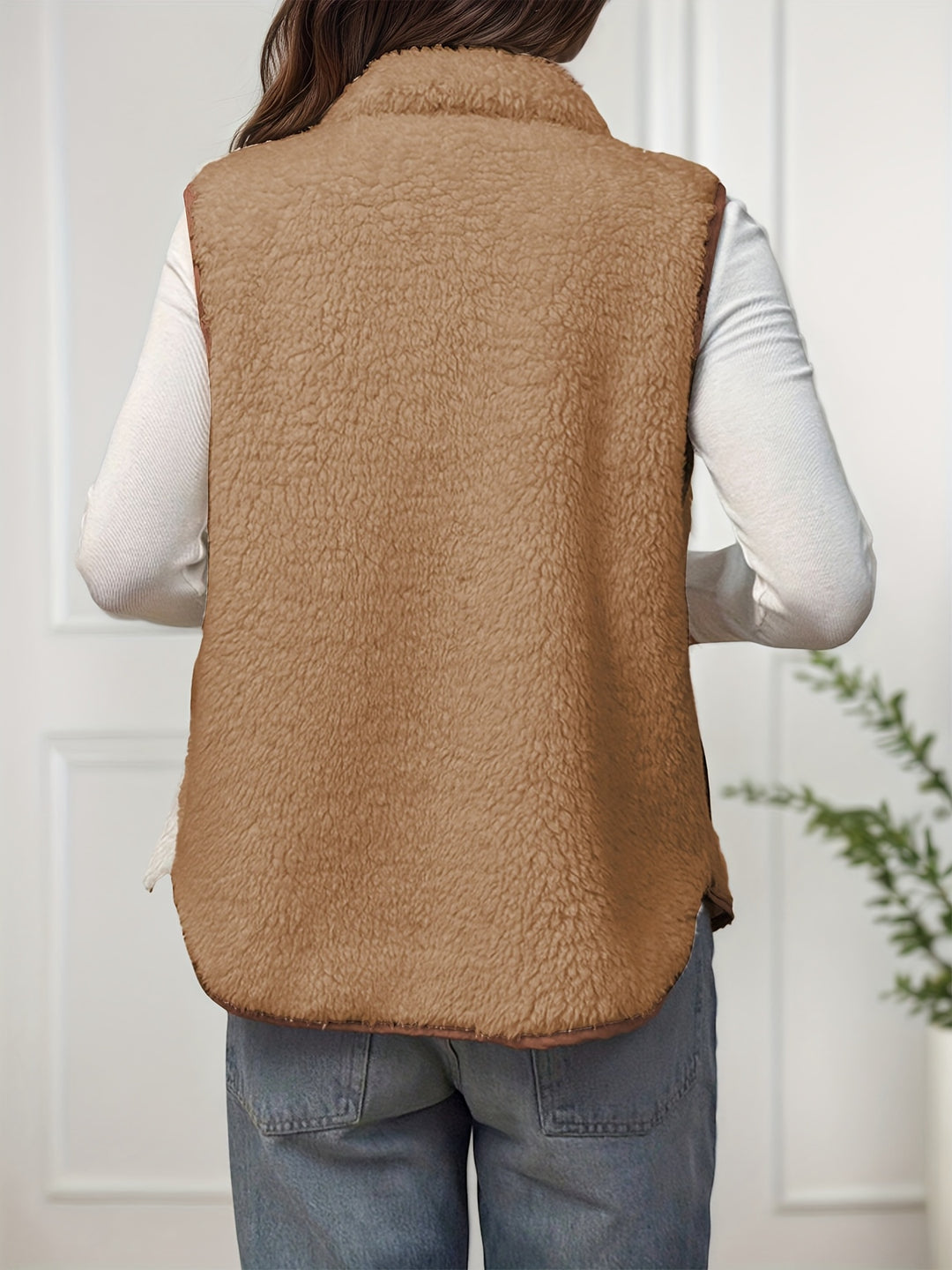 Dubbelzijdige Pluche Color-block Patchwork Opstaande Kraag Rits Vest