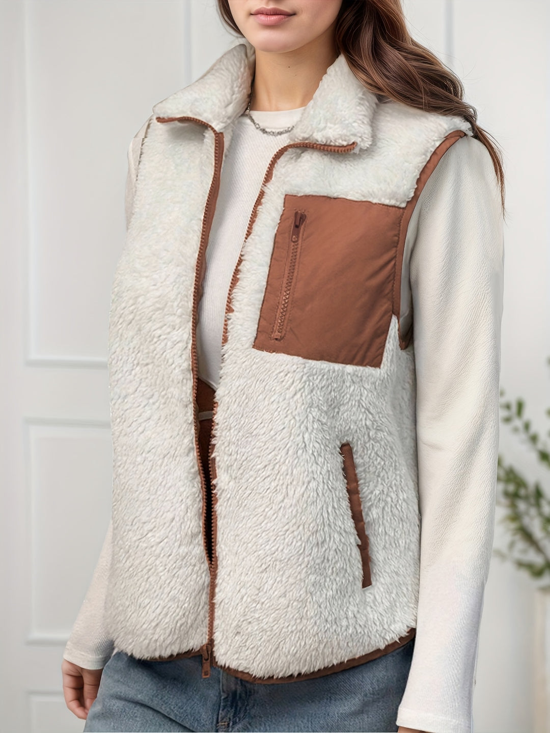 Dubbelzijdige Pluche Color-block Patchwork Opstaande Kraag Rits Vest