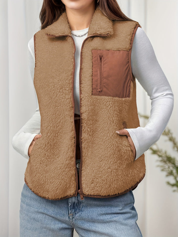 Dubbelzijdige Pluche Color-block Patchwork Opstaande Kraag Rits Vest