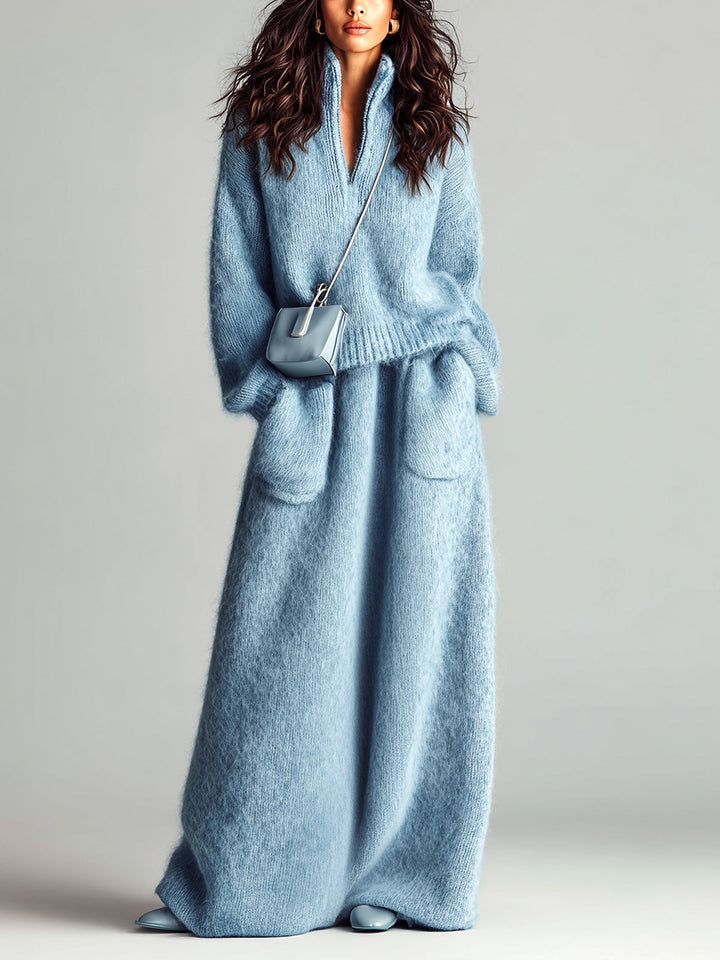Sarah Chic Elegant Blue Stand Collar V Neck Long Sleeve Loose Sweater Patch Pocket Maxi Skirt Fuzzy Knit Two-Piece Set