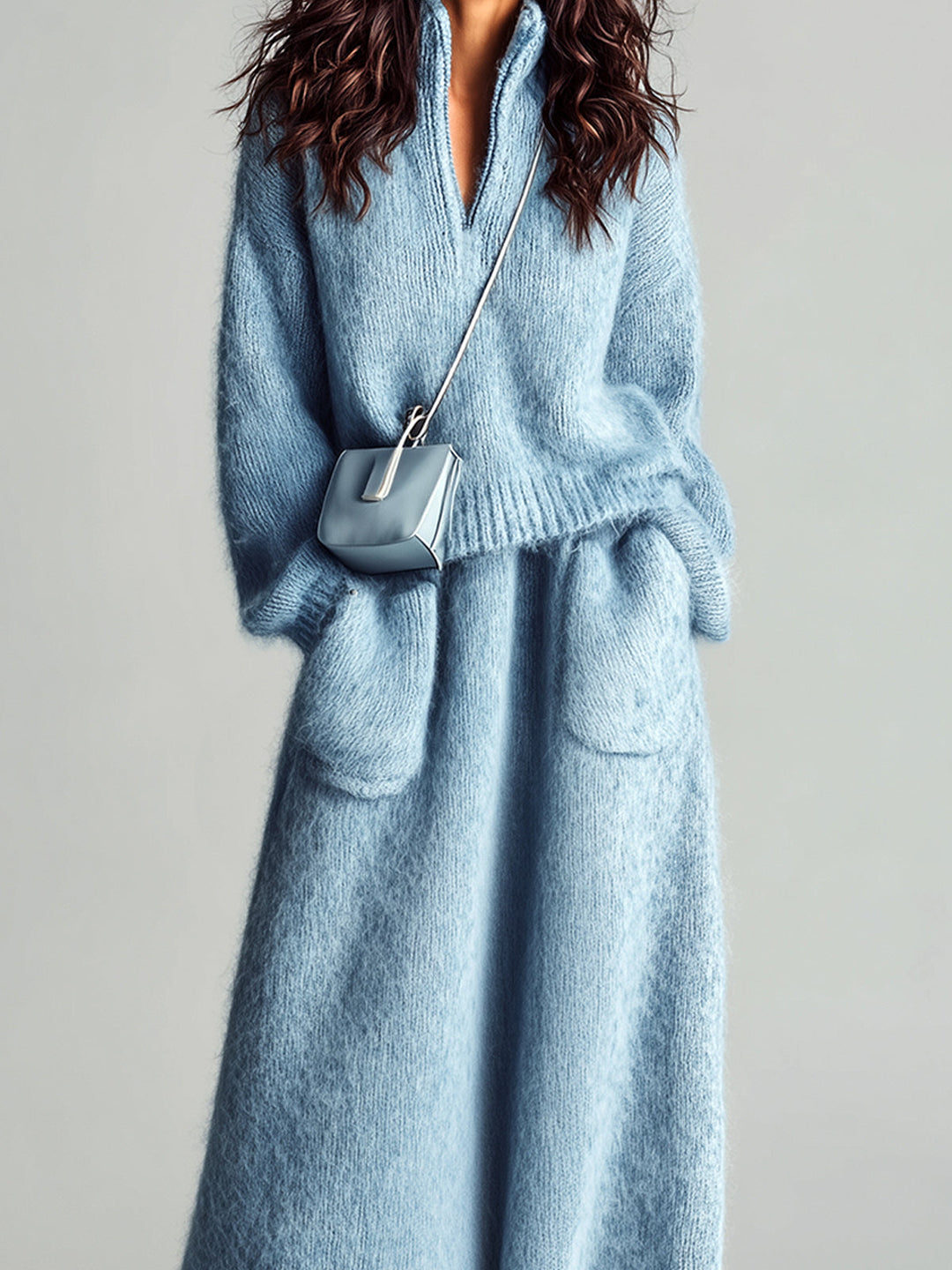 Sarah Chic Elegant Blue Stand Collar V Neck Long Sleeve Loose Sweater Patch Pocket Maxi Skirt Fuzzy Knit Two-Piece Set