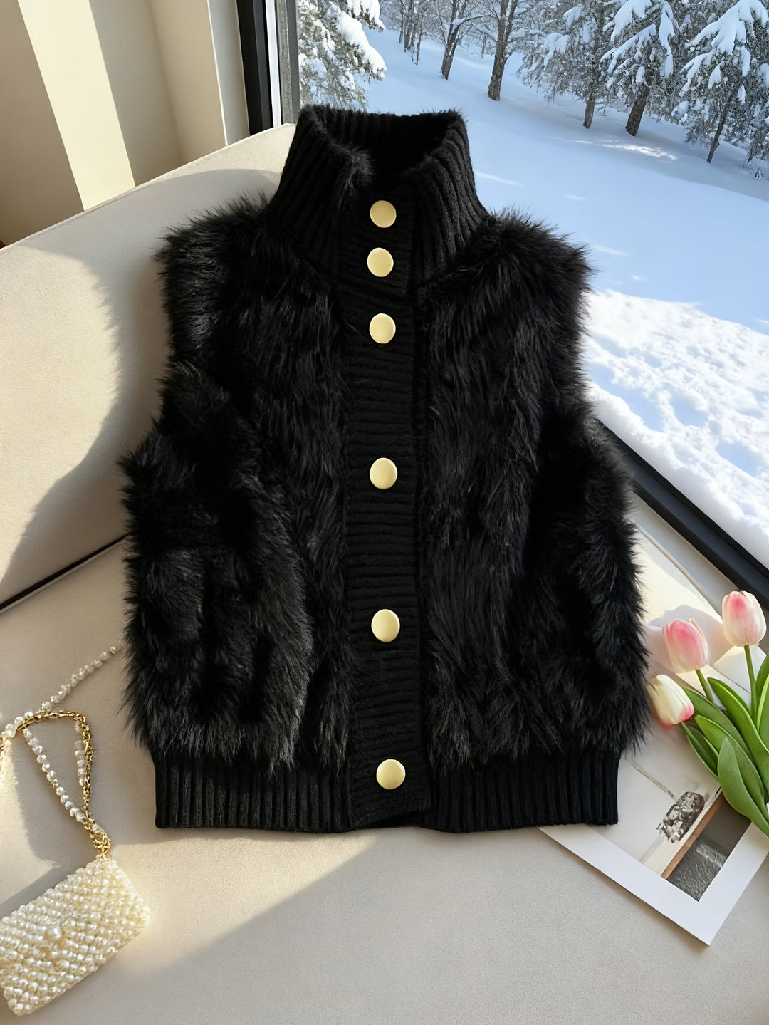 Staande kraag nepbont vest cardigan, little dress stijl open voorkant, modieuze elegante gelaagde shrug, herfst winter top