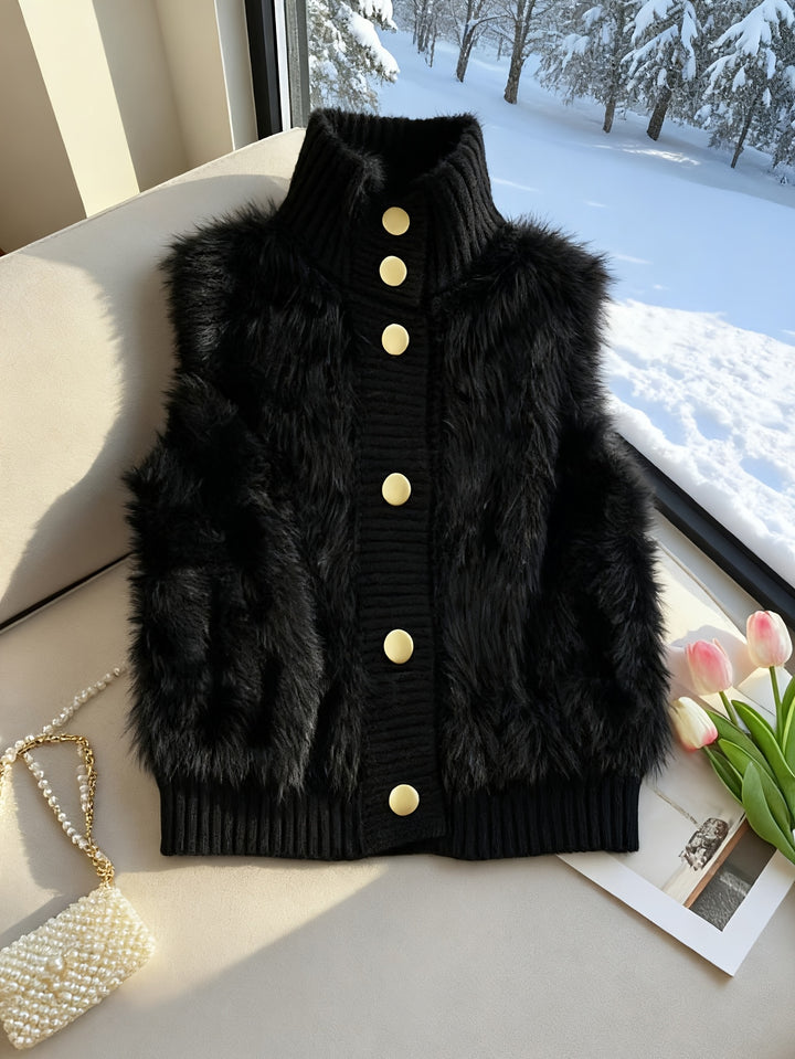 Staande kraag nepbont vest cardigan, little dress stijl open voorkant, modieuze elegante gelaagde shrug, herfst winter top