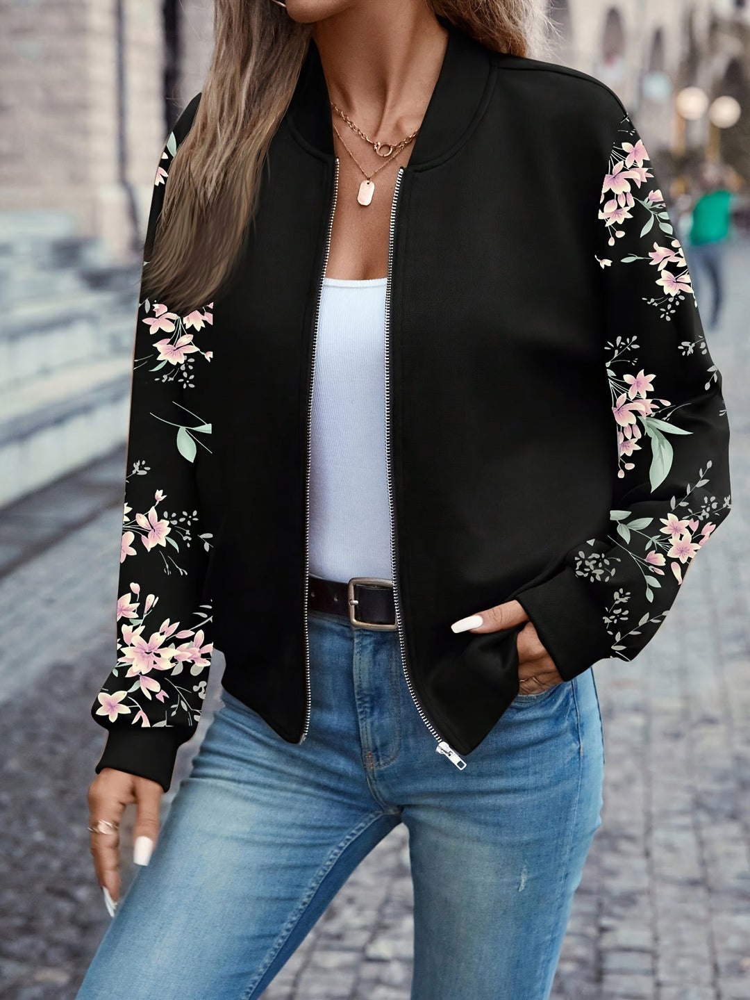 Lucille | Floral Print Zip-Up Bomber Jacket