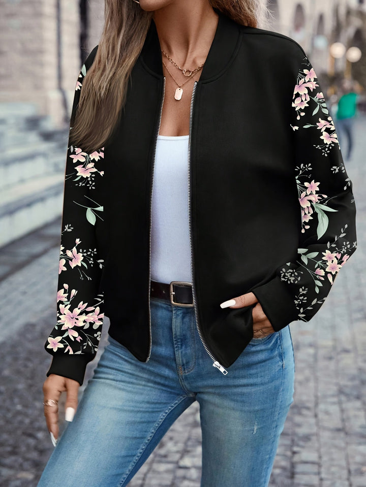 Lucille | Floral Print Zip-Up Bomber Jacket