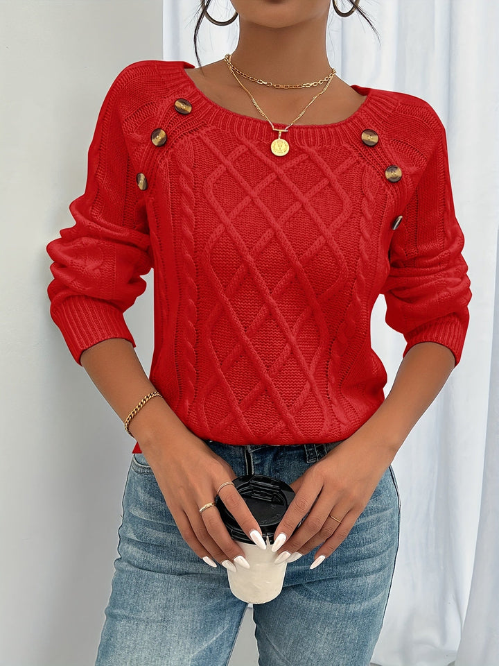 Madison | Square Neck Button Cable Knit Sweater