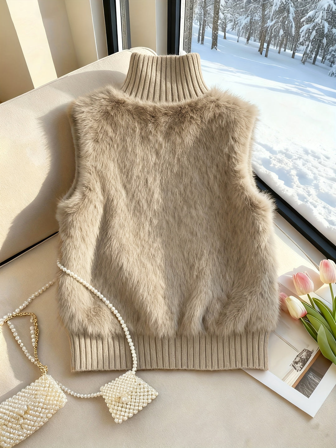 Staande kraag nepbont vest cardigan, little dress stijl open voorkant, modieuze elegante gelaagde shrug, herfst winter top
