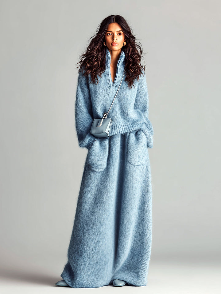 Sarah Chic Elegant Blue Stand Collar V Neck Long Sleeve Loose Sweater Patch Pocket Maxi Skirt Fuzzy Knit Two-Piece Set