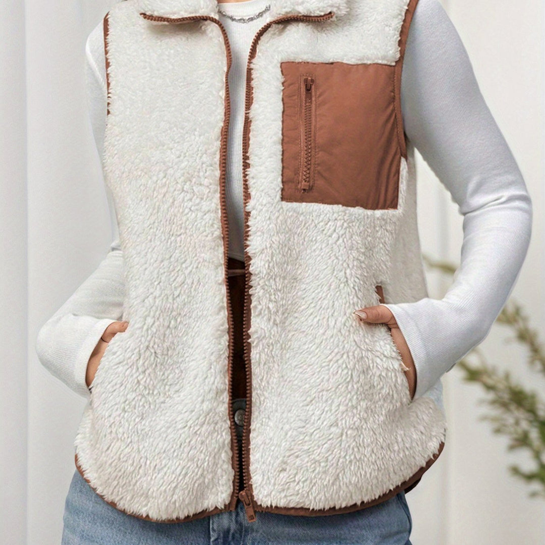 Dubbelzijdige Pluche Color-block Patchwork Opstaande Kraag Rits Vest