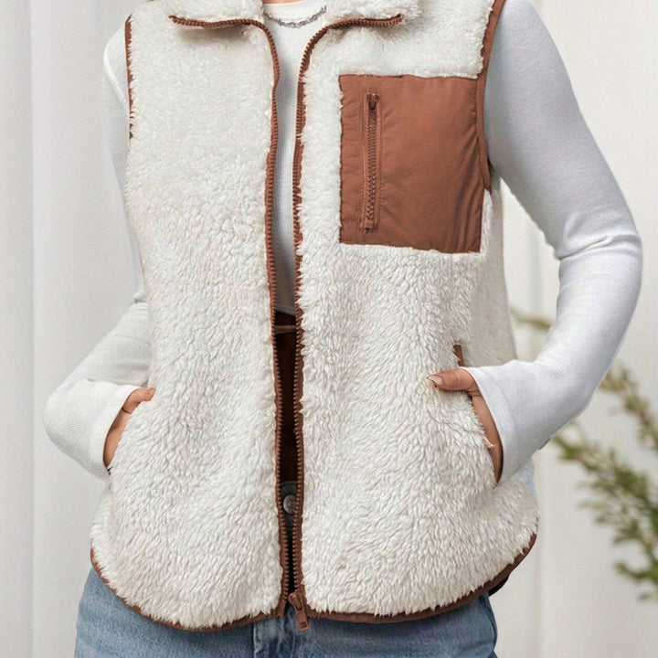 Dubbelzijdige Pluche Color-block Patchwork Opstaande Kraag Rits Vest