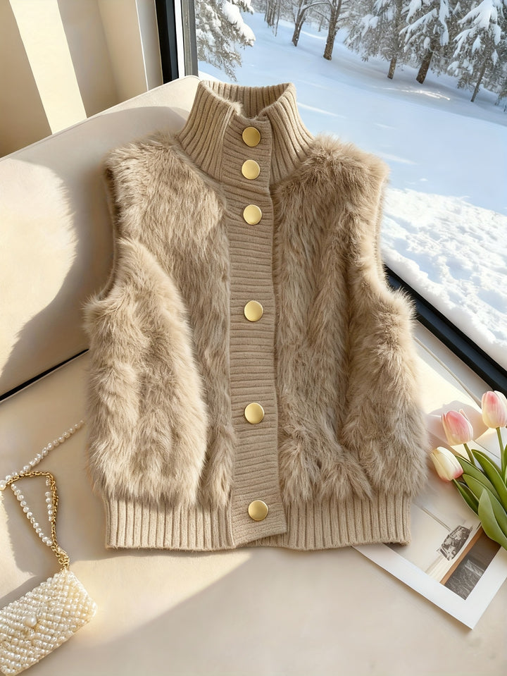 Staande kraag nepbont vest cardigan, little dress stijl open voorkant, modieuze elegante gelaagde shrug, herfst winter top