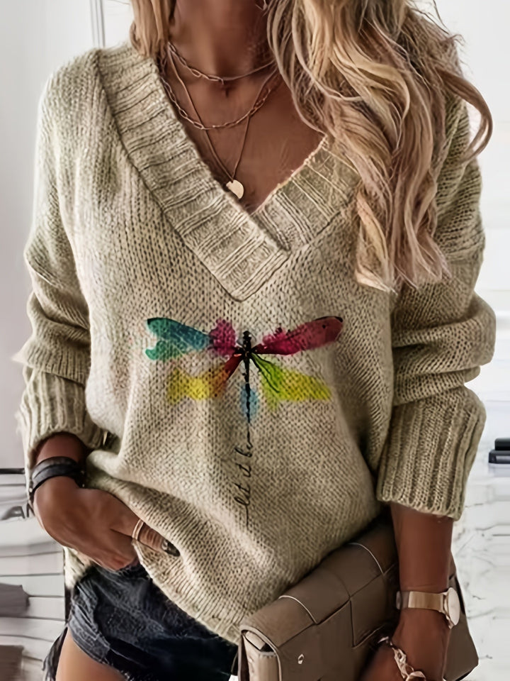 Brooklyn | Dragonfly Print V-Neck Sweater