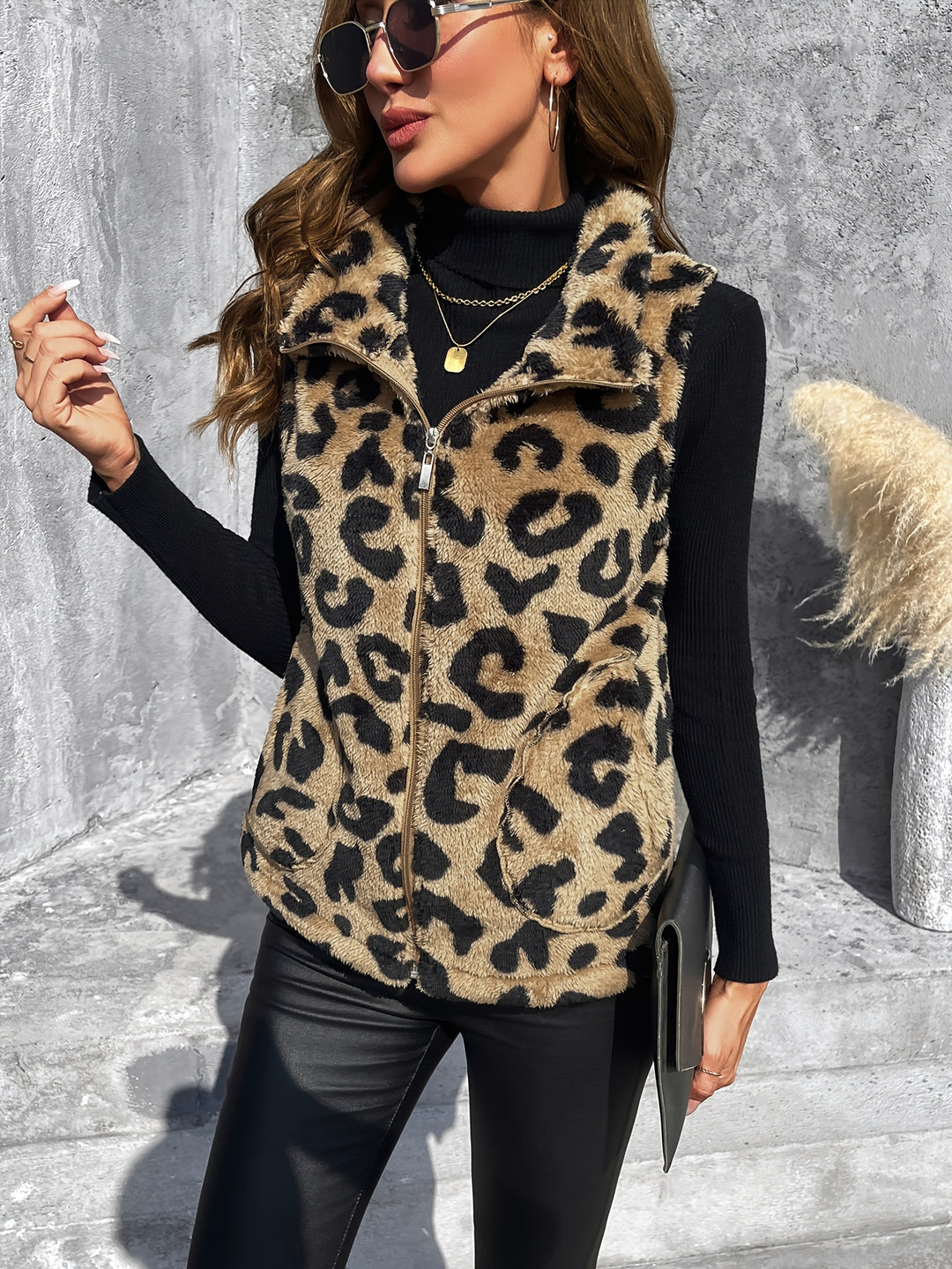 Herfst Winter Luipaardprint Teddy Faux Turtleneck Warm Mouwloze Jas Dames Vest