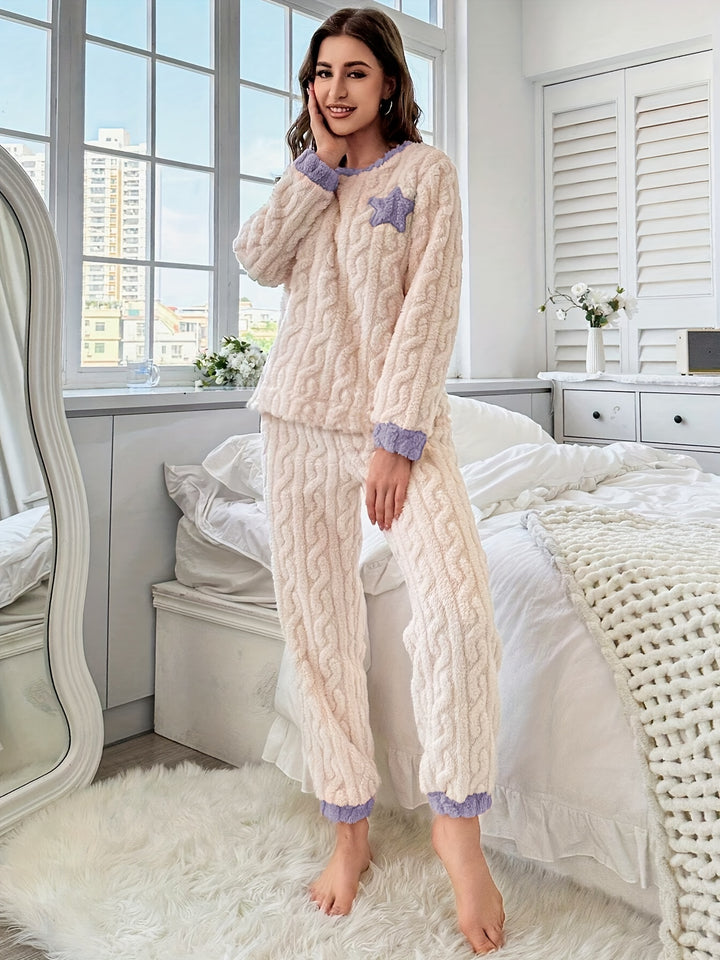Damessterpatroon jacquard fleece dikke casual pyjamaset, top en broek met ronde hals en lange mouwen, comfortabele, ontspannen pasvorm voor herfst en winter