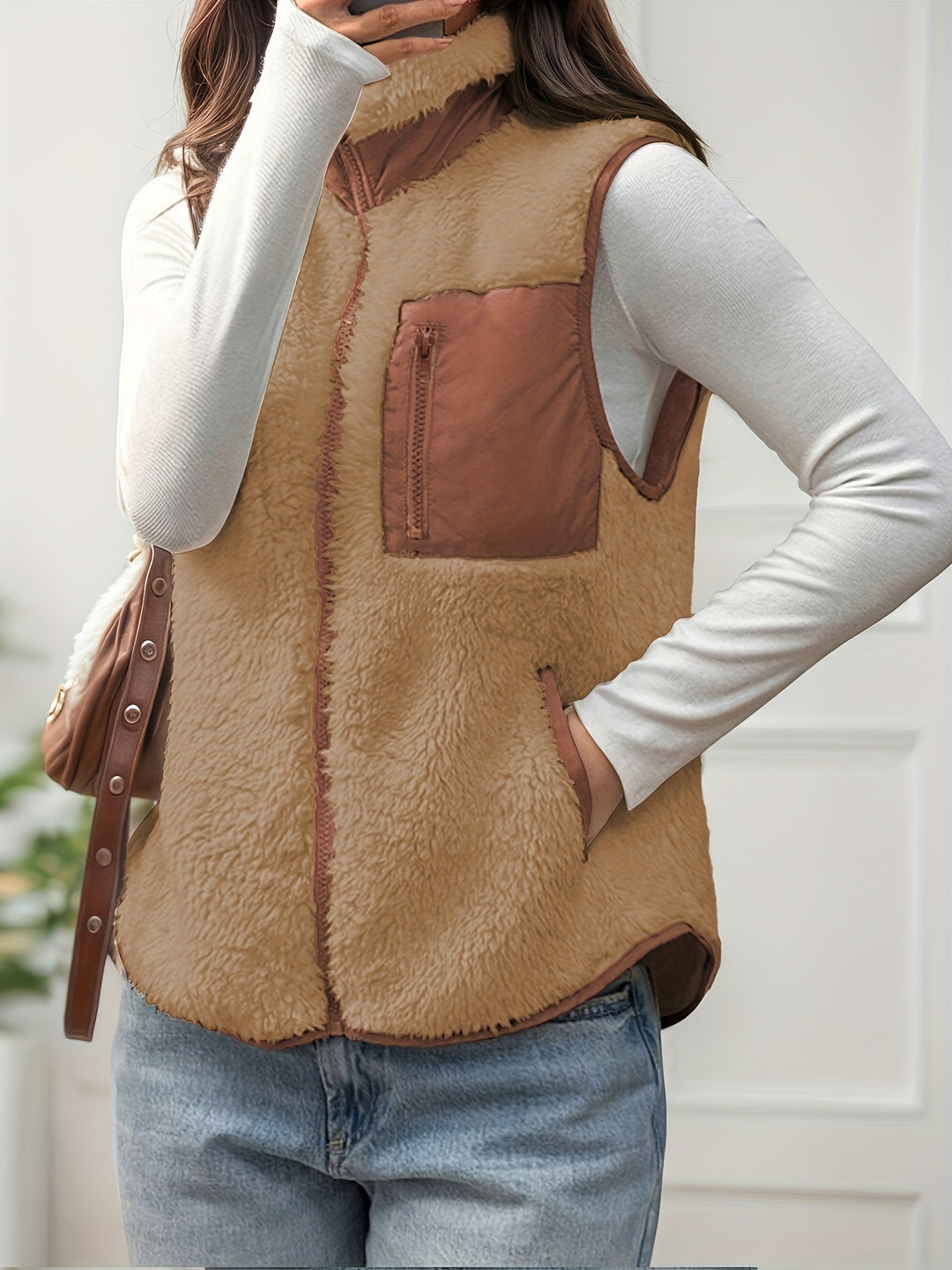 Dubbelzijdige Pluche Color-block Patchwork Opstaande Kraag Rits Vest