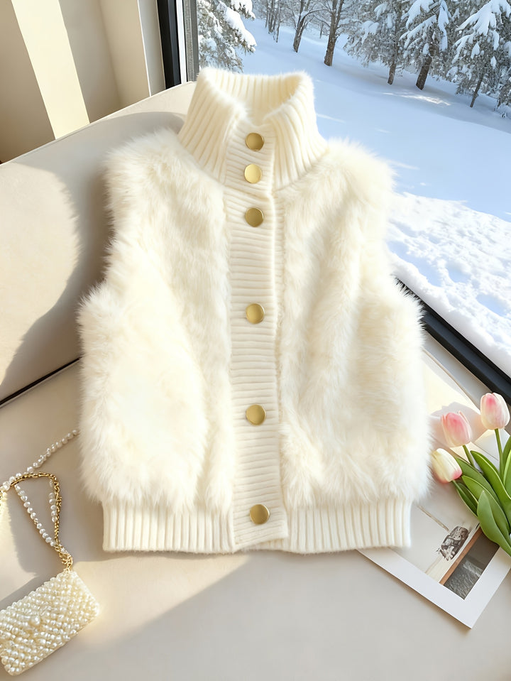 Staande kraag nepbont vest cardigan, little dress stijl open voorkant, modieuze elegante gelaagde shrug, herfst winter top