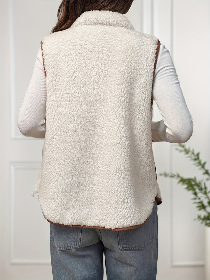 Dubbelzijdige Pluche Color-block Patchwork Opstaande Kraag Rits Vest