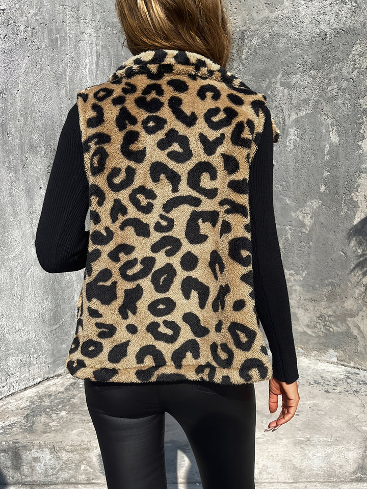 Herfst Winter Luipaardprint Teddy Faux Turtleneck Warm Mouwloze Jas Dames Vest