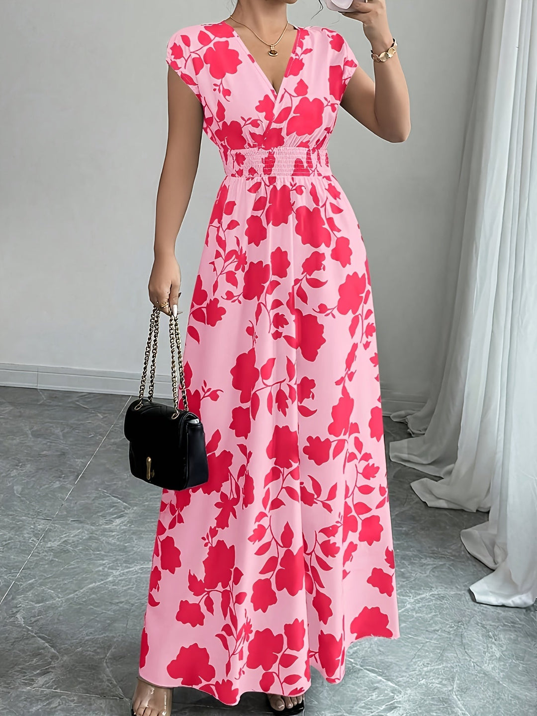 Carly | Floral V-Neck A-Line Maxi Dress