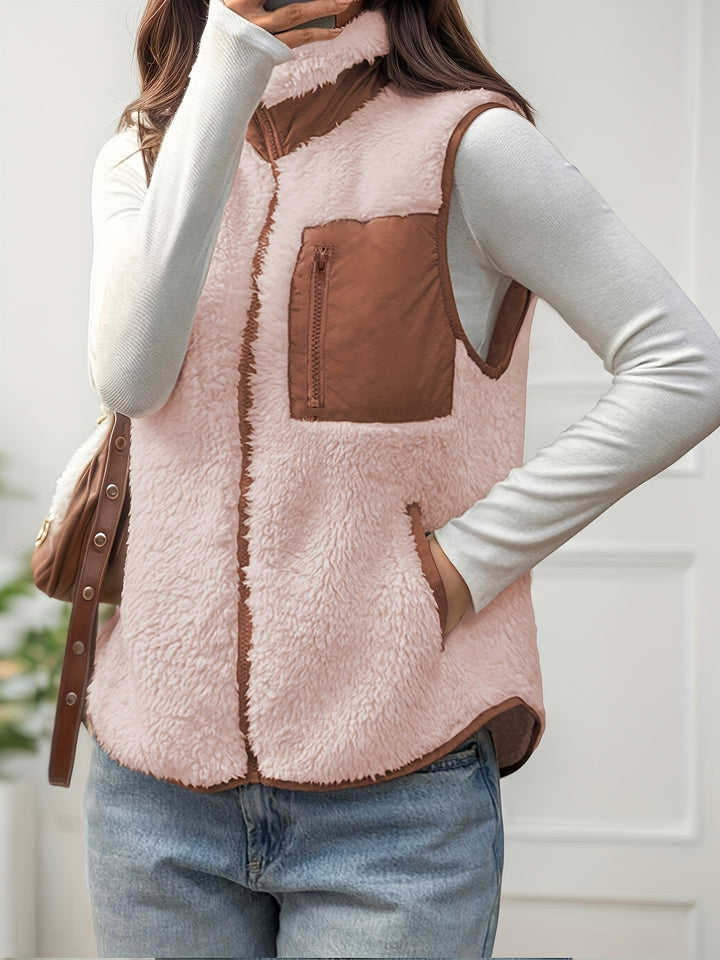 Dubbelzijdige Pluche Color-block Patchwork Opstaande Kraag Rits Vest