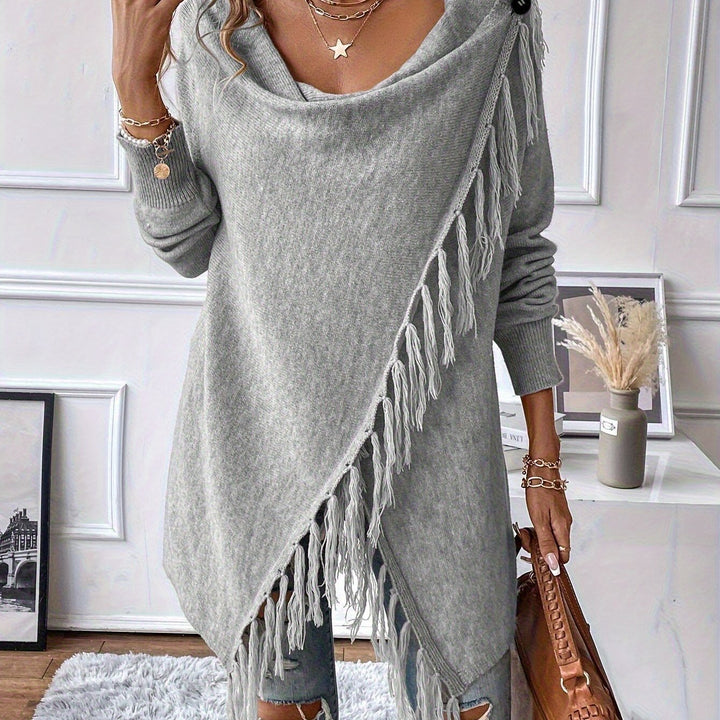 Norma | Draped Neck Fringe Trim Wrap Sweater