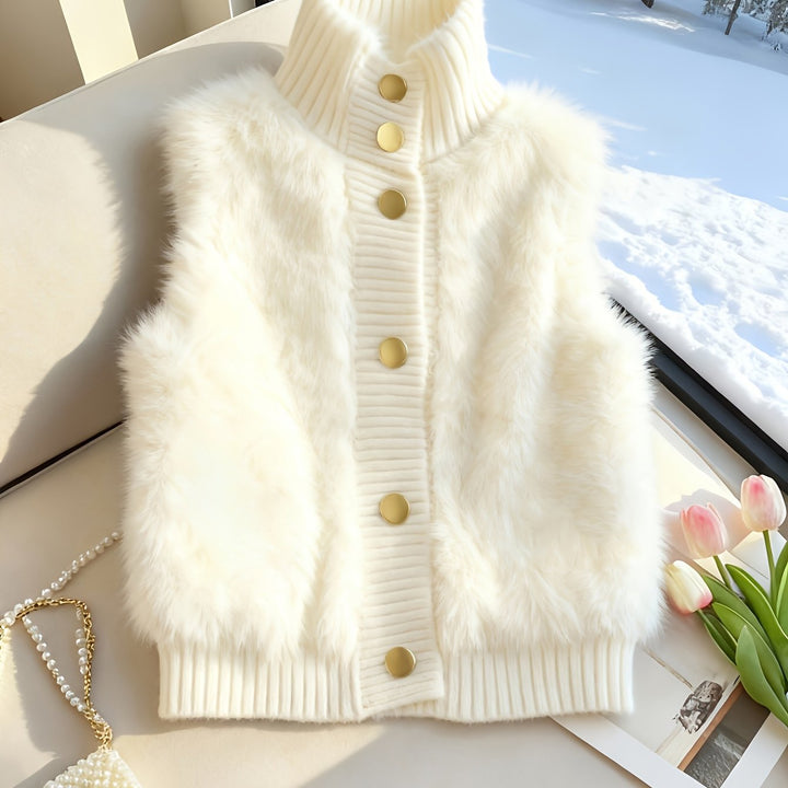 Staande kraag nepbont vest cardigan, little dress stijl open voorkant, modieuze elegante gelaagde shrug, herfst winter top