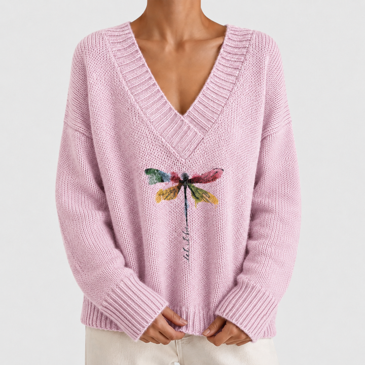 Brooklyn | Dragonfly Print V-Neck Sweater