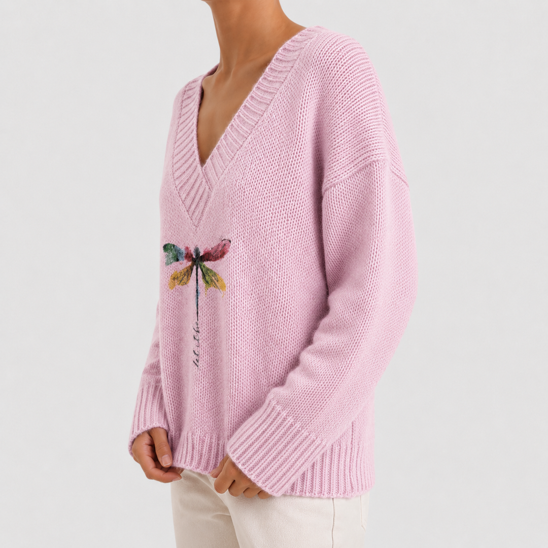 Brooklyn | Dragonfly Print V-Neck Sweater