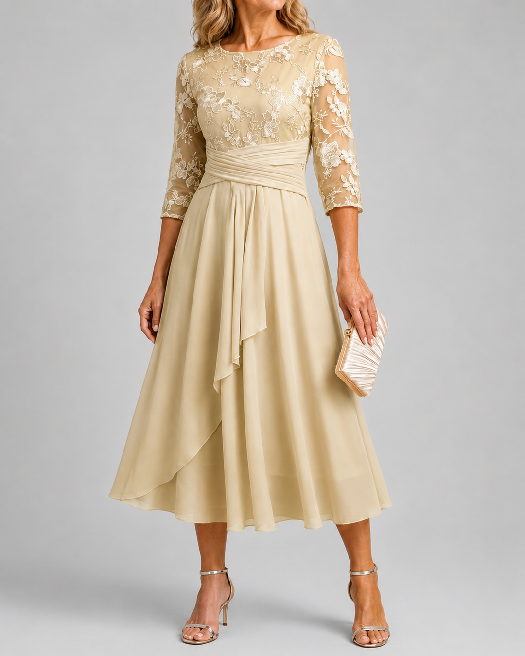 Karla | Champagne Floral 3/4 Sleeve Round Neck Dress
