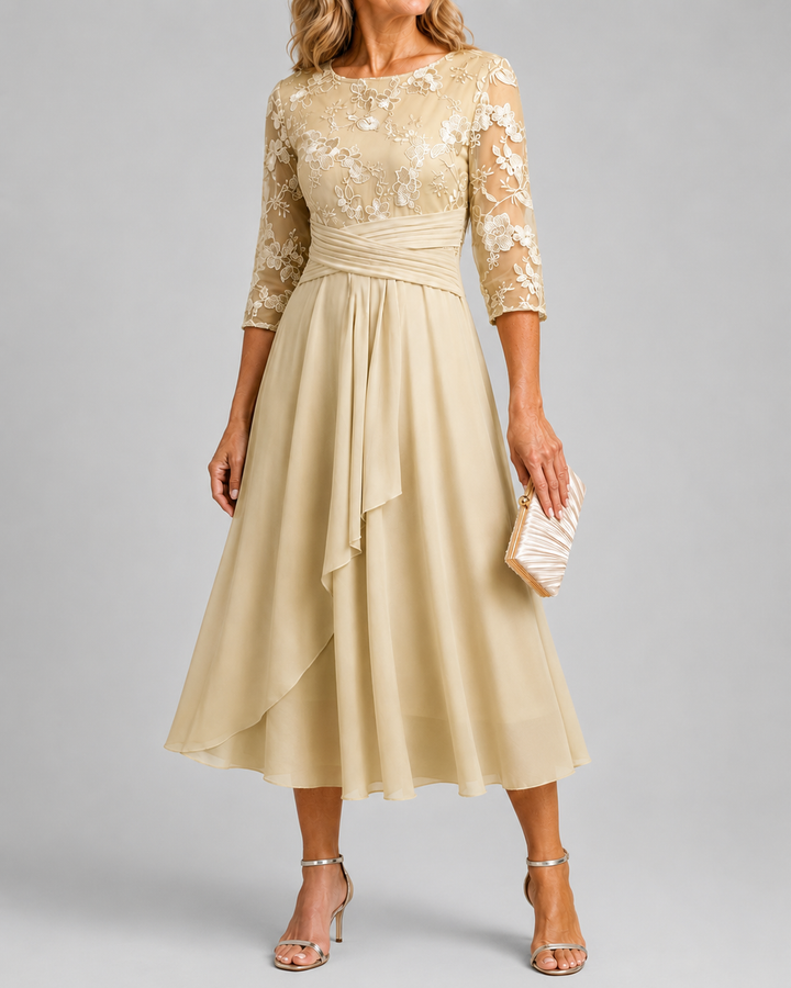 Karla | Champagne Floral 3/4 Sleeve Round Neck Dress