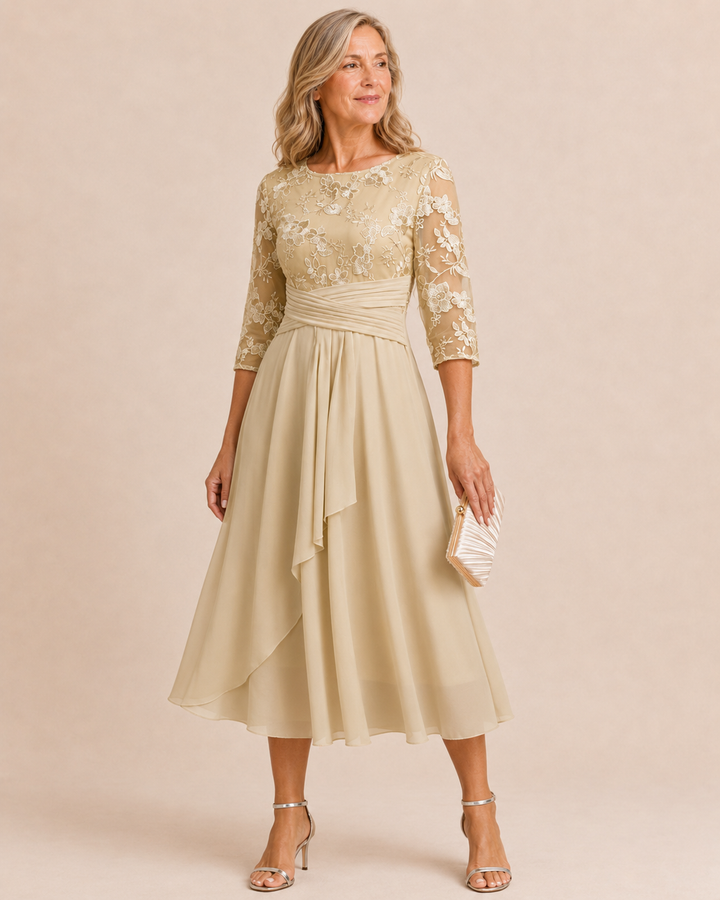 Karla | Champagne Floral 3/4 Sleeve Round Neck Dress