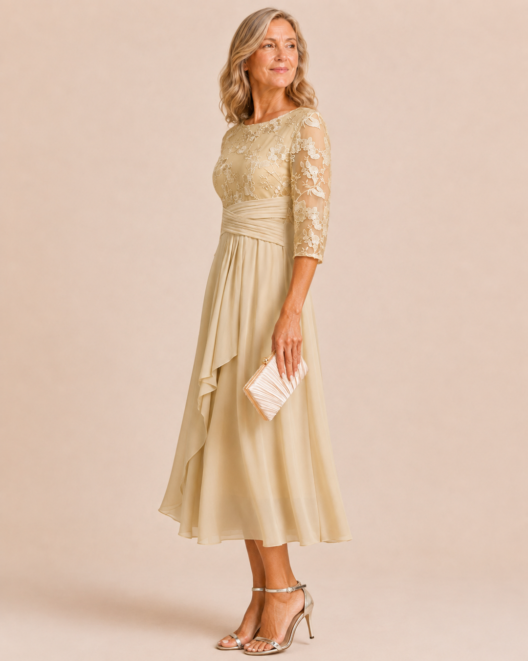 Karla | Champagne Floral 3/4 Sleeve Round Neck Dress
