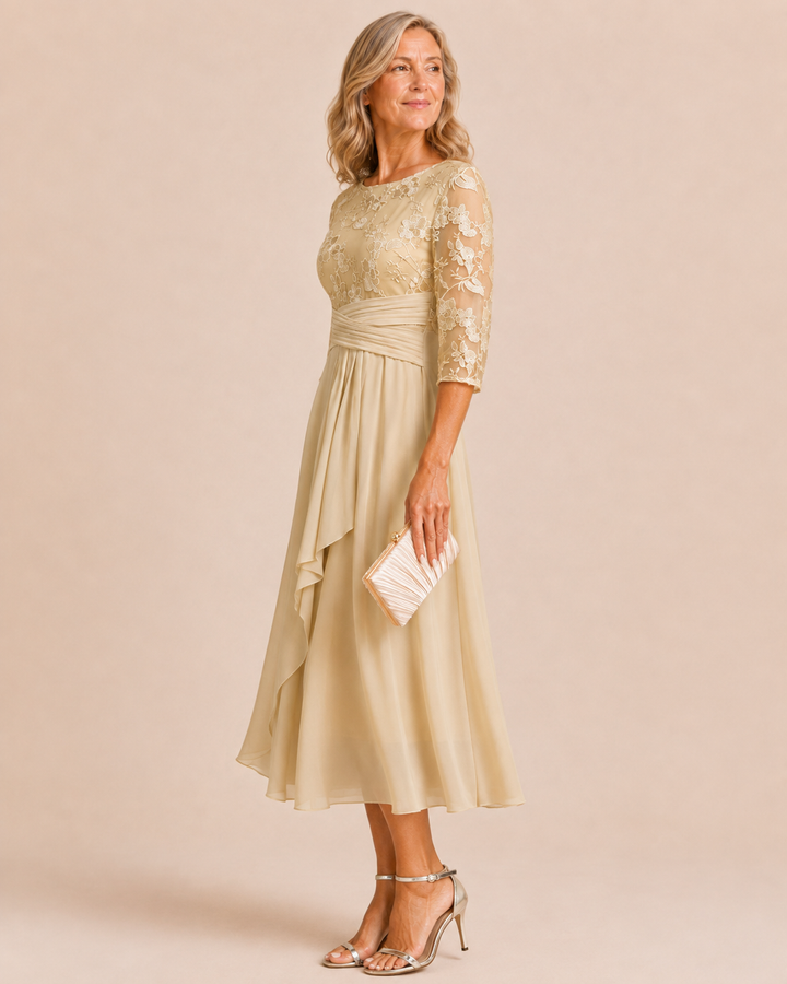 Karla | Champagne Floral 3/4 Sleeve Round Neck Dress