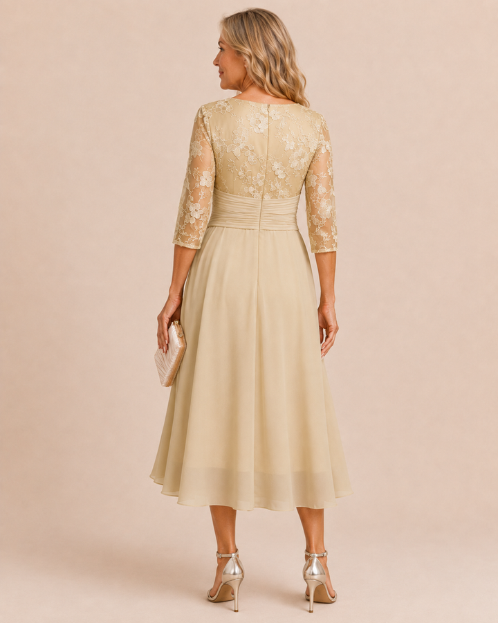Karla | Champagne Floral 3/4 Sleeve Round Neck Dress