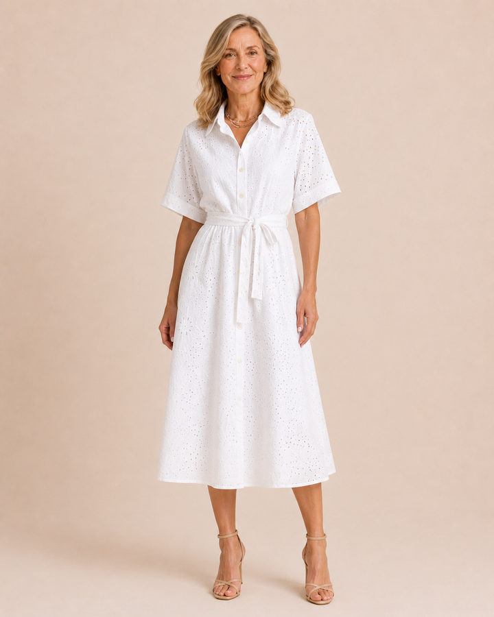 Eden | Short Sleeve Button Front Waist Tie Midi Dress