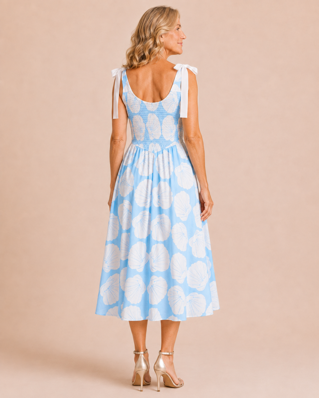 Brynn | Shell Print Shoulder Tie Midi Dress