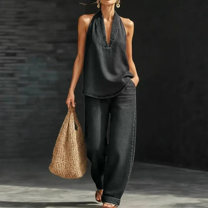 Women's Denim Vest and Straight Leg Pants Set