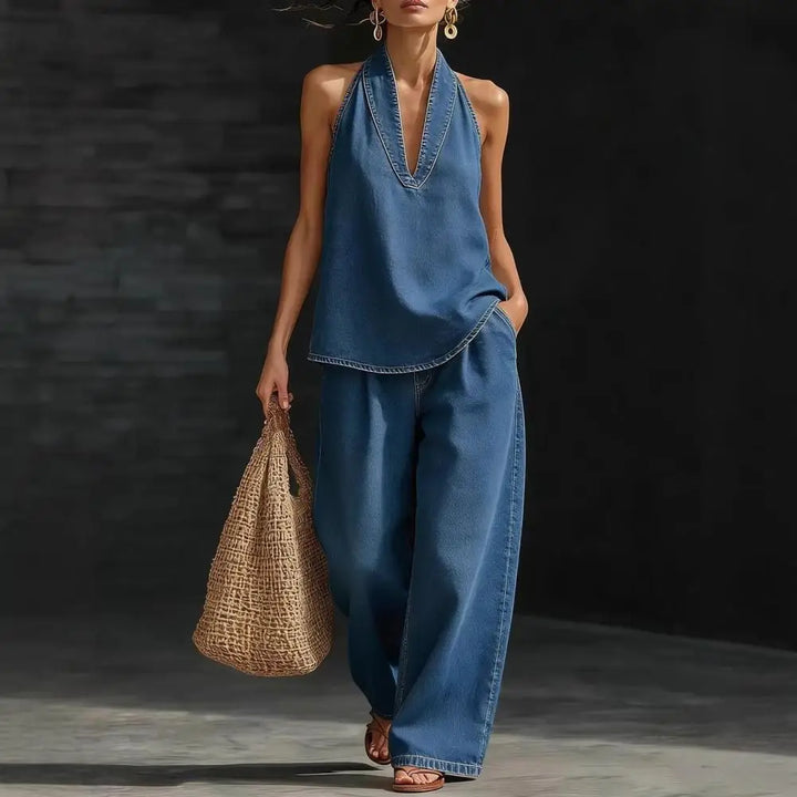 Women's Denim Vest and Straight Leg Pants Set