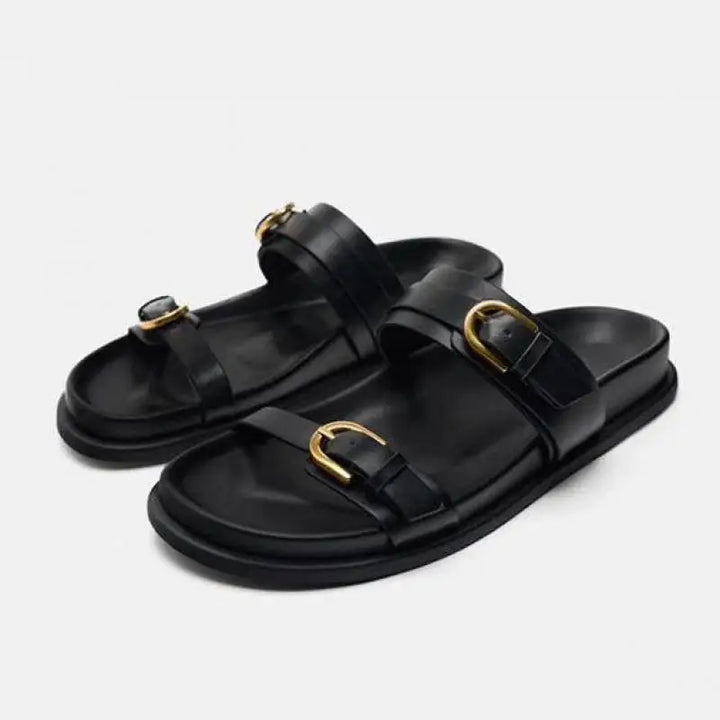 Lucia Buckle Leather Slides