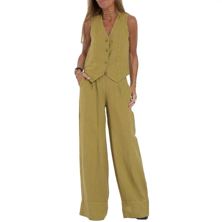 Women's Linen Two Piece Set Wide Leg Pants