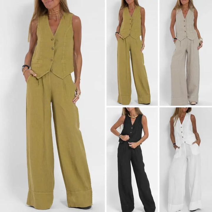 Women's Linen Two Piece Set Wide Leg Pants