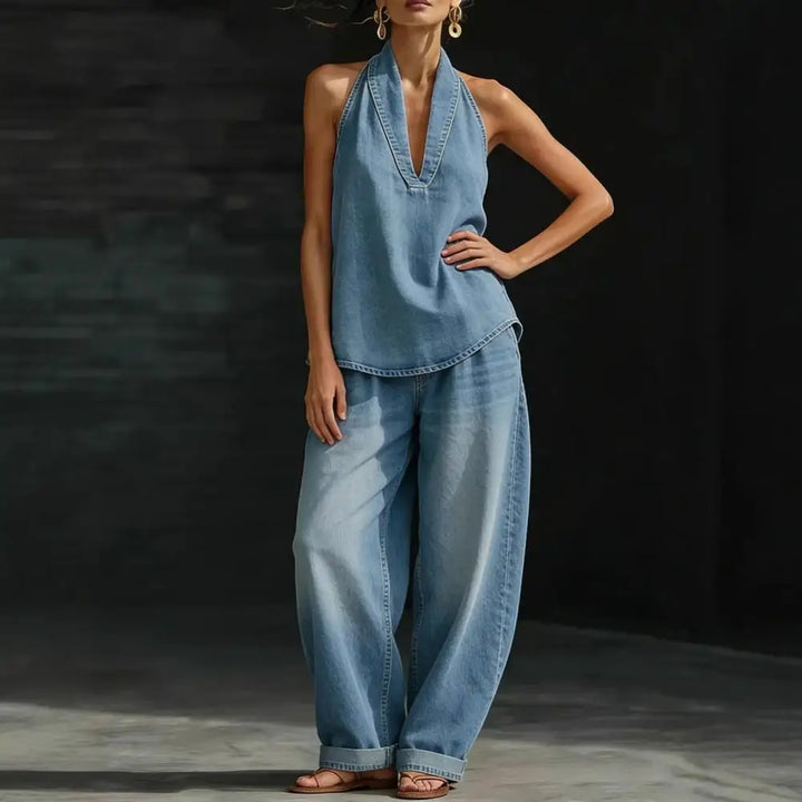 Women's Denim Vest and Straight Leg Pants Set