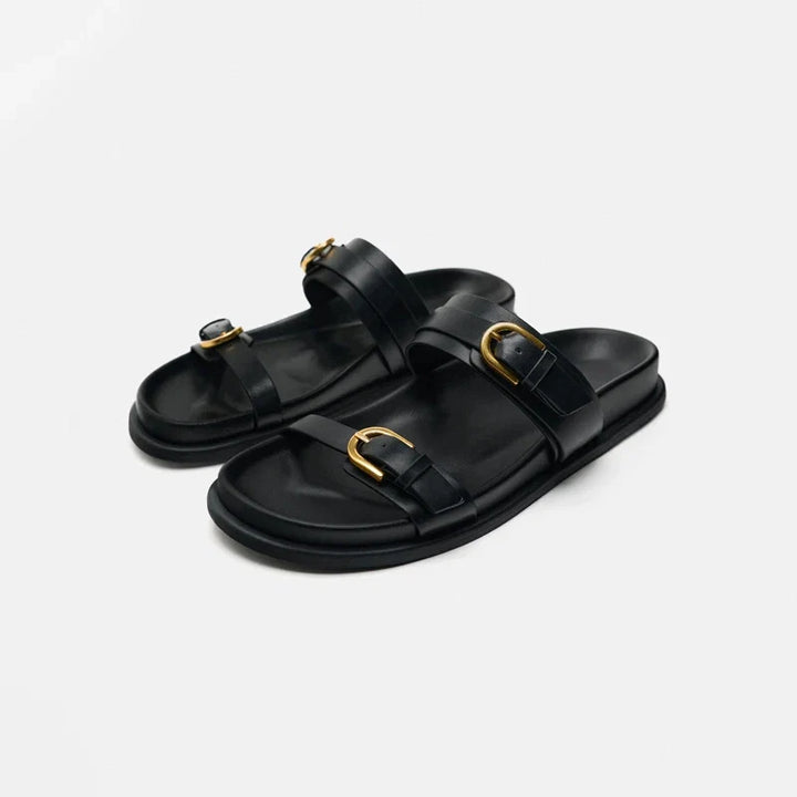 Lucia Buckle Leather Slides