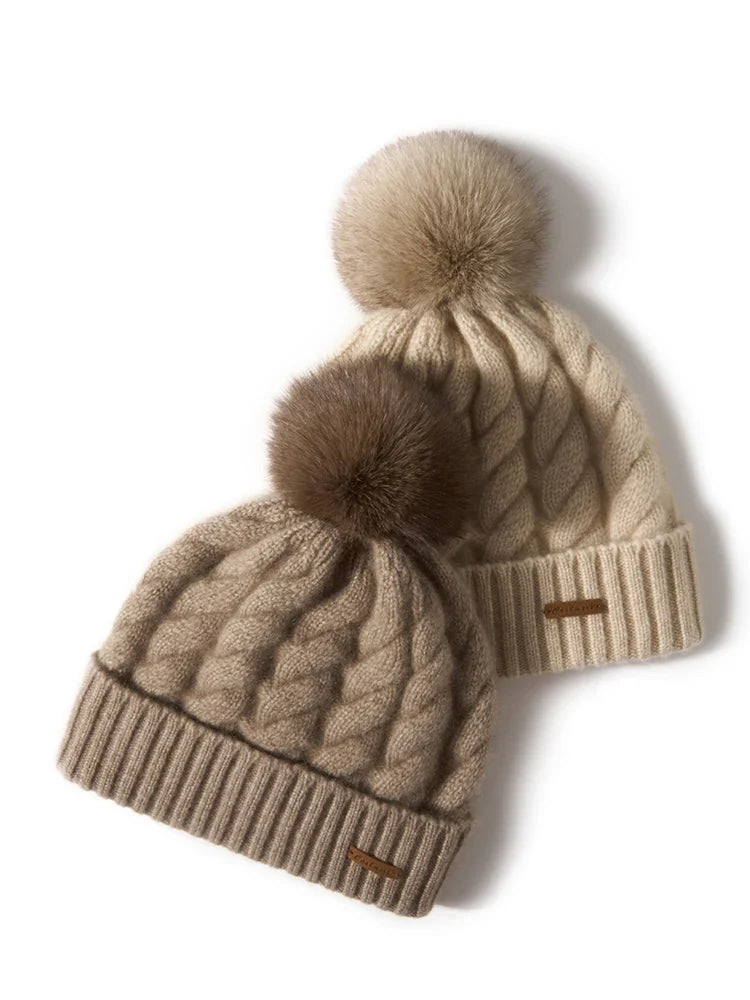 Elle Cable Cashmere Pom Beanie