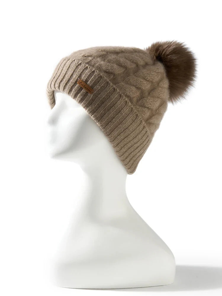 Elle Cable Cashmere Pom Beanie