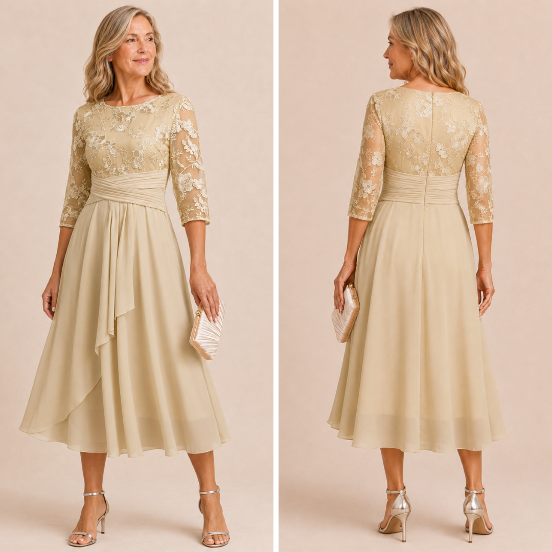 Karla | Champagne Floral 3/4 Sleeve Round Neck Dress