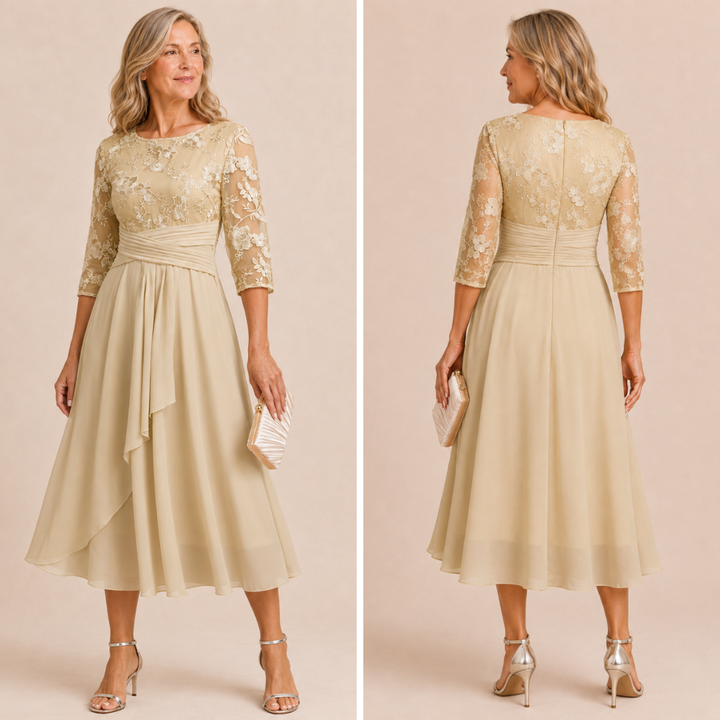 Karla | Champagne Floral 3/4 Sleeve Round Neck Dress