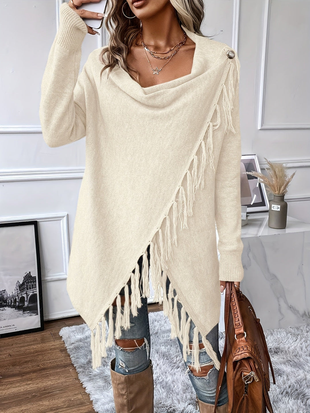 Norma | Draped Neck Fringe Trim Wrap Sweater