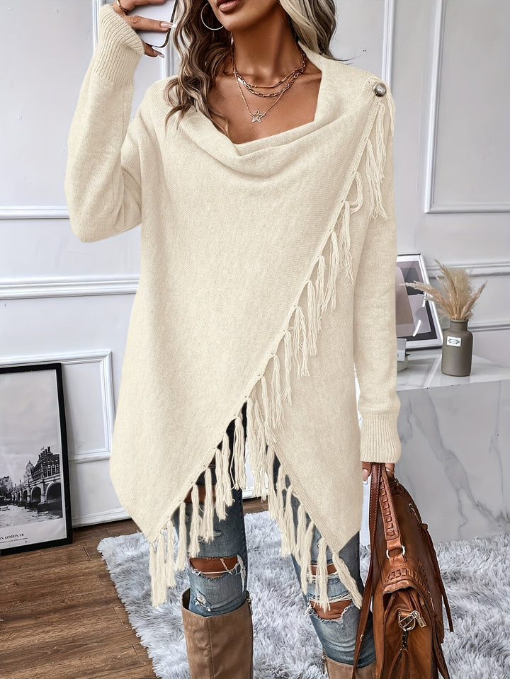 Norma | Draped Neck Fringe Trim Wrap Sweater
